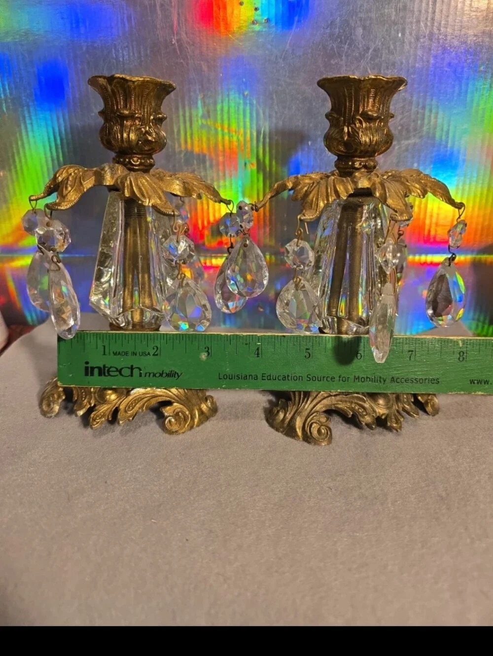 081426 2 Vintage Heavy Brass Candlestick Holders with Hanging Crystals H11 In#bo